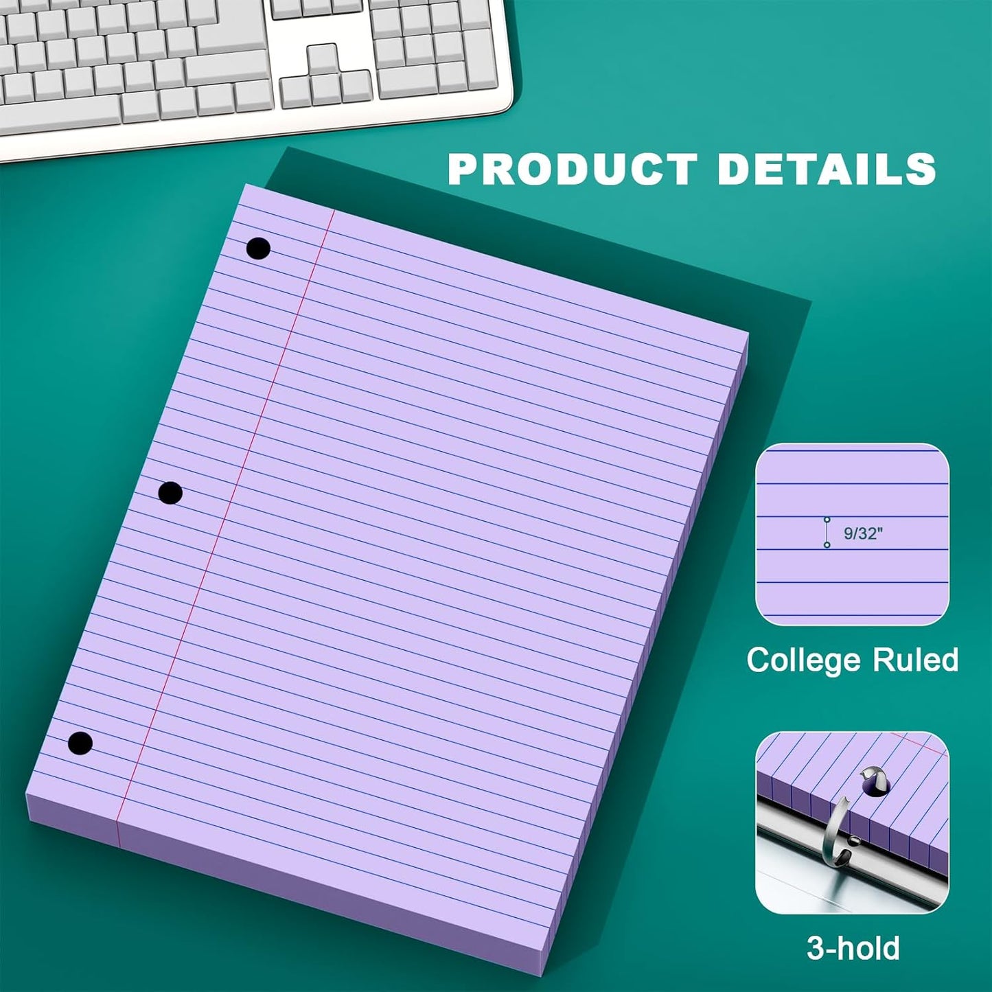 Note Pads 8 X 10.5 Loose Leaf Paper, 120Sheets, 3 Hole Punched Lined Paper, College Ruled 8 X 10.5 Notebooks, 10-1/2" X 8 Binder Writing Pads, Filler Paper For Engineering, Office, School Supplies