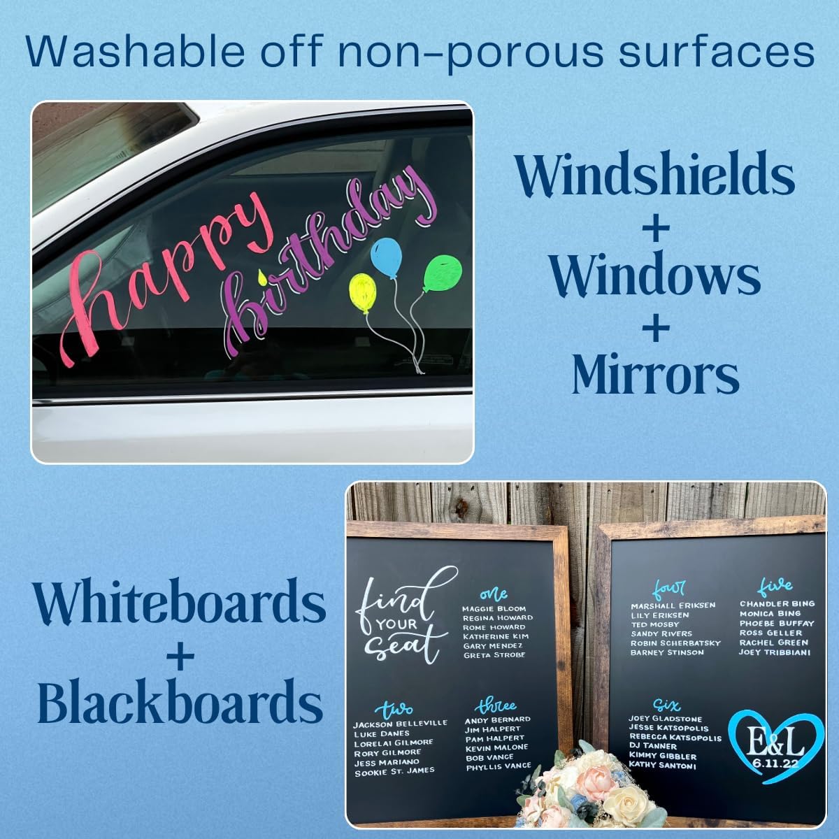 MoodClue Liquid chalk markers 12 neon erasable Whiteboards, glass boards, chalkboards, windows, mirrors, car windshields, auto, glass. Odorless, non-toxic. Wet or dry erase. Thick and thin tip