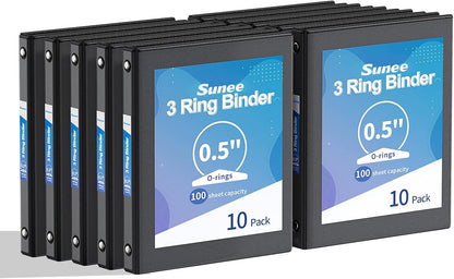 SUNEE 1/2 Inch Binders 3 Ring 10 Pack Bulk, PVC-Free Clear View Half Inch Binders (Fits 8.5x11 Inches) for School, Office & Home Use, White
