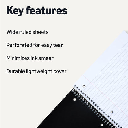 Amazon Basics Wide Ruled 3-Subject Spiral Notebooks with Pocket Dividers, 150 Sheets, 10.5" x 8", Assorted Primary Colors, 3-Pack