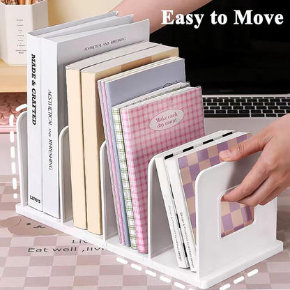 SAYEEC Desk File Sorter Vertical Desktop File Folder Organizer 4 Section Plastic Book Holder Adjustable Shelf Dividers Closet Purse Handbag Mail Binder Organizer Magazine Rack Stand Bookshelf (Pink)
