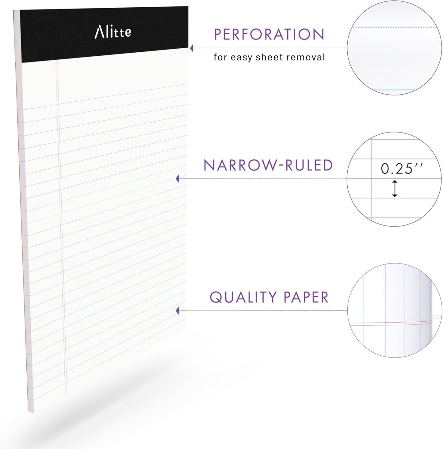 Alitte 5x8 Small Notebooks – 12 Pack Narrow Ruled, White Perforated Note Pads with 50 Sheets Per Notepad, (No Ink Bleeding) Ideal Legal Pads for Writing, Note Taking, Home, Office, School
