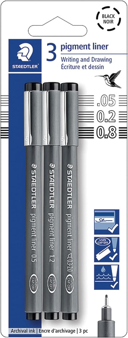 Staedtler Pigment Liner Pack, Black, 8 Pens, Assorted Line Widths, 0.05mm, 0.1mm, 0.2mm, 0.3mm, 0.5mm, 0.8mm, 1.0mm, 1.2mm