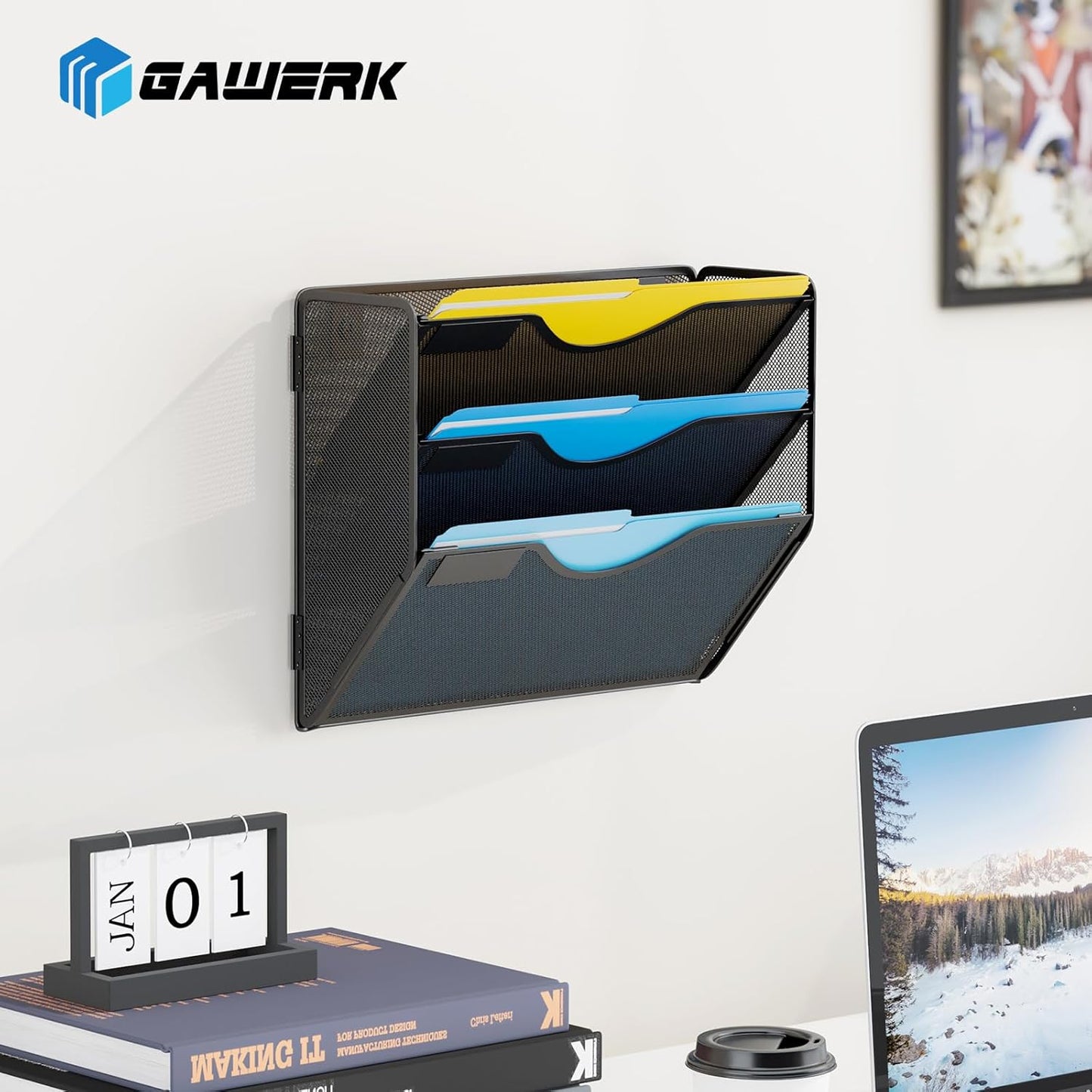 Gawerk 10-Tier Wall File Organizer Hanging Wall File Holder Wall Mount Paper Folder Organize, Mesh Magazine Document Mail Organizer Wall Organizer for Office School Home, Black