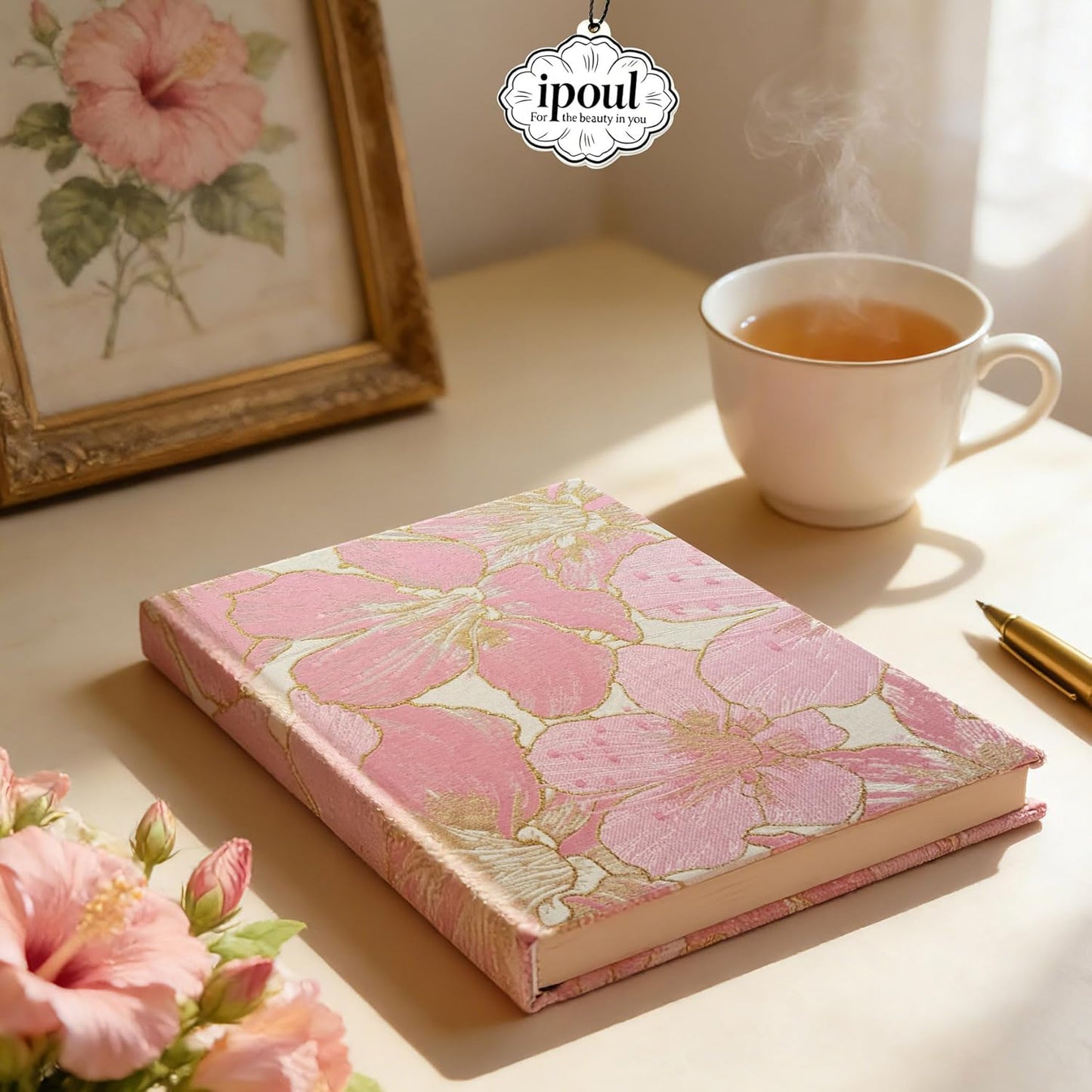 ipoul Flower Notebook, A5, 6x8, Hardcover, Lay Flat, Lined Paper, Journal for Women, Writing Notebook, Pretty, Hibiscus, Pink, Birthday Gifts for Women, Wedding Shower Gifts, Mothers Day Gift