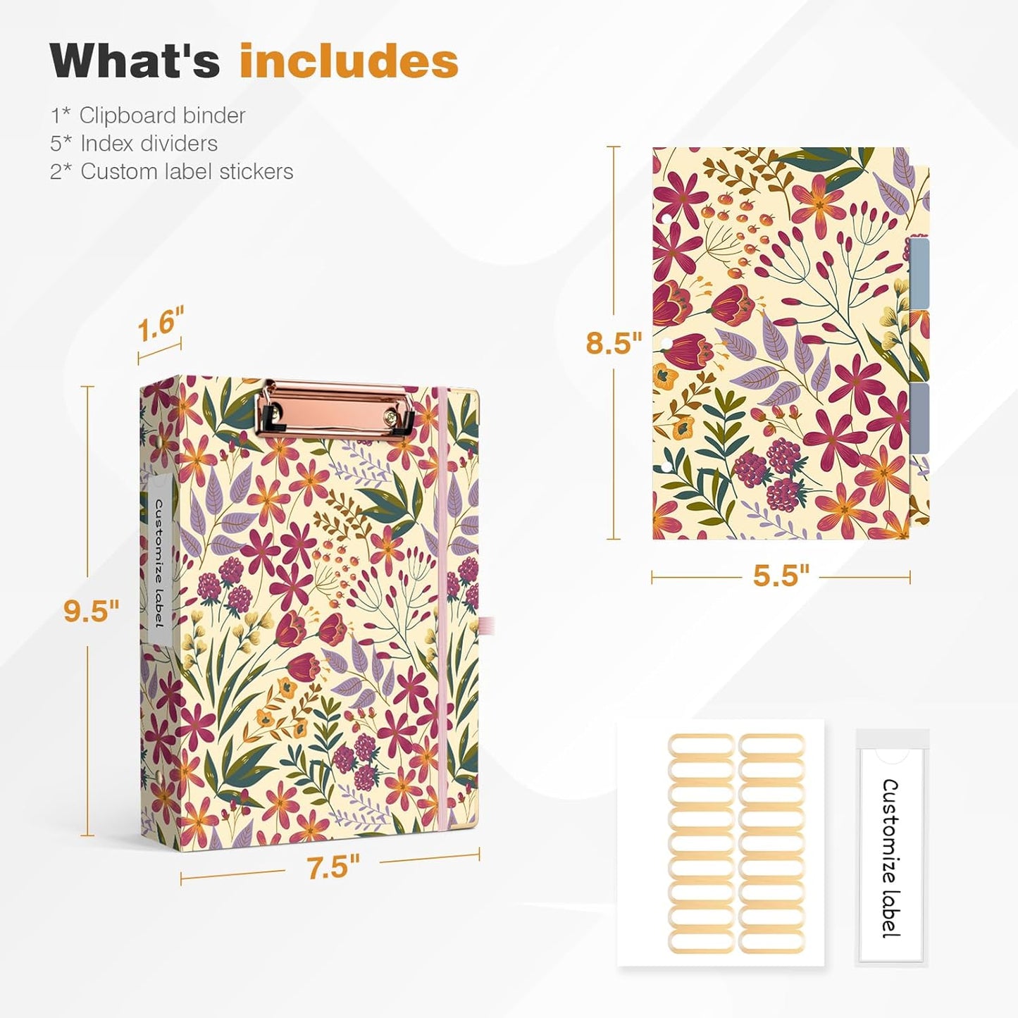 Ospelelf Binder 3 Ring 1 Inch, Floral Round Ring Clipboard Binder for Letter Size with 5 Tab Dividers, File Folder Labels, for School and Office Supplies