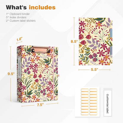 Ospelelf Binder 3 Ring 1 Inch, Floral Round Ring Clipboard Binder for Letter Size with 5 Tab Dividers, File Folder Labels, for School and Office Supplies