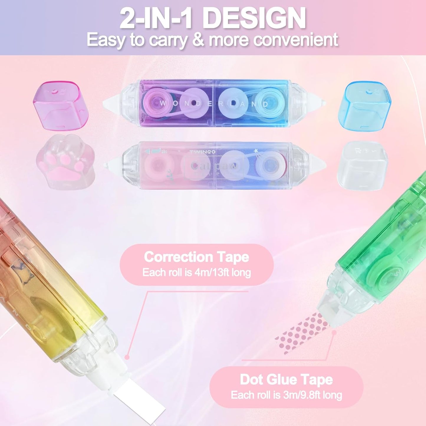 RETON 6 Pcs White Out Correction Tape, 2 in 1 Correction Tape and Double Sided Tape Roller, Cute Cat Paw Correction Tape Pen with Adhesive Glue Tape Roller Runner for School Office Scrapbook Supplies