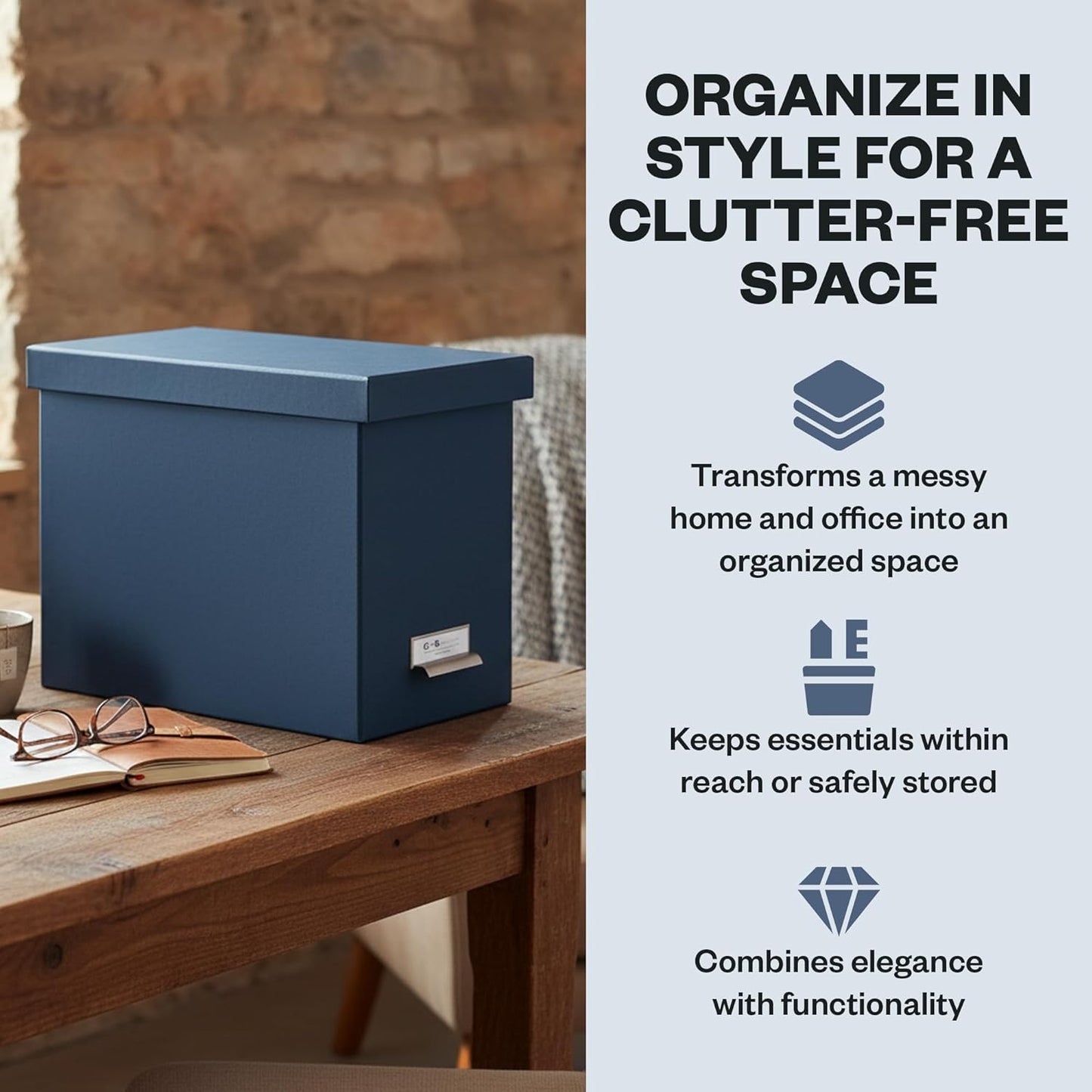 Bigso John Fiberboard Label Frame Desktop File Storage Box - Document Organizer for Important Paperwork - Durable Hanging File Box with a Lid & Metal Label Window - 7.36 x 13.38 x 10.51 in - White