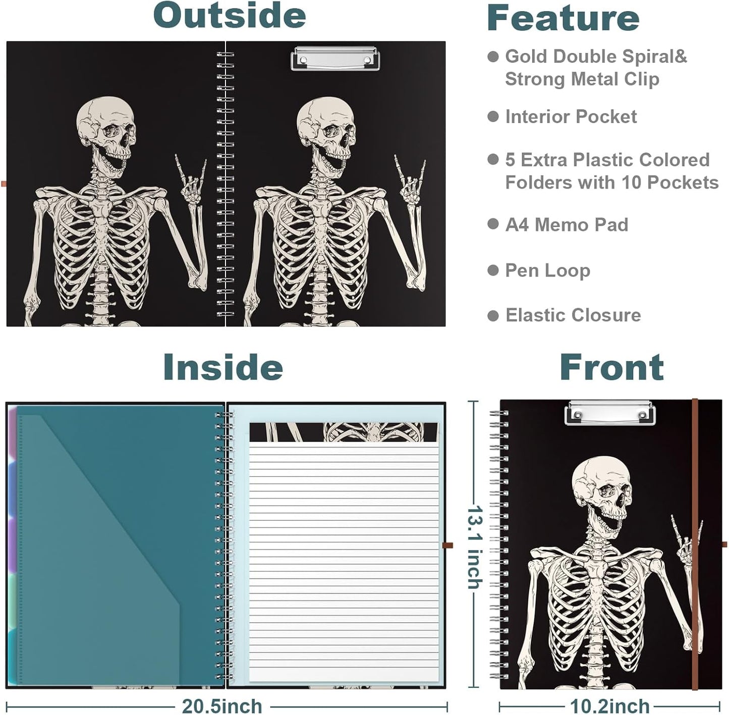 Hongri Clipboard Folio with Refillable Lined Notepad, 8.5 x 11 Folders with Storage 10 Pockets, Spiral Portfolio, Size 12.8X 9.7 in, Office & School Supplies, Skeleton