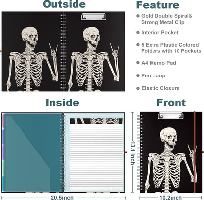 Hongri Clipboard Folio with Refillable Lined Notepad, 8.5 x 11 Folders with Storage 10 Pockets, Spiral Portfolio, Size 12.8X 9.7 in, Office & School Supplies, Skeleton