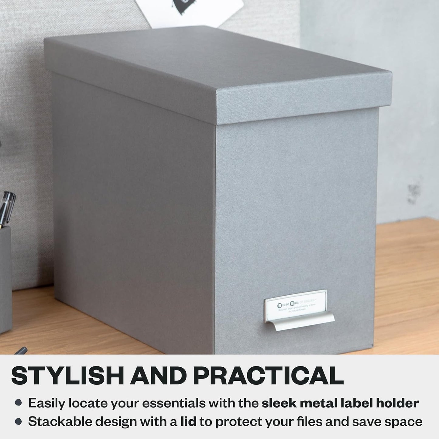 Bigso John Fiberboard Label Frame Desktop File Storage Box - Document Organizer for Important Paperwork - Durable Hanging File Box with a Lid & Metal Label Window - 7.36 x 13.38 x 10.51 in - White