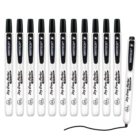 WRITECH Retractable Dry Erase Markers: Fine Point Clickable Black Colored Ink Marker Low Odor Erasable Thin Tip Refillable Whiteboard Marker Pen Set 12ct No Bleed Smear