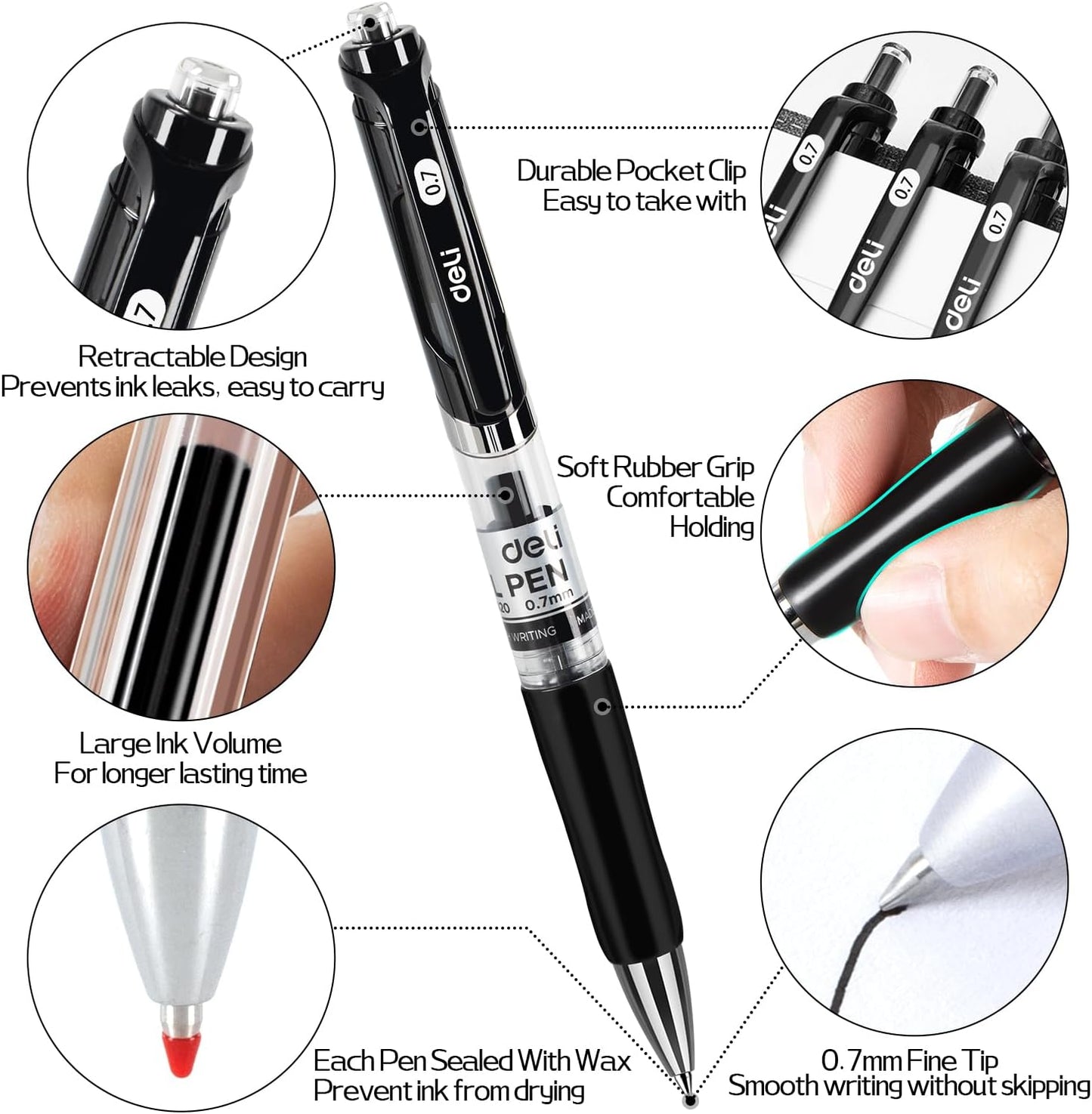 deli Gel Pens, 50 Pcs Retractable Pens Black Ink, Medium Point Pen 0.7mm, Smooth Writing, Fast Dry, No Bleed for Journaling Note Taking, Home School Office Supplies