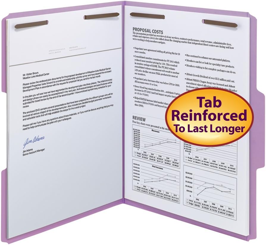 Smead Fastener File Folders, Reinforced 1/3-Cut Tabs, 2 Fasteners, Letter Size, Blue, 50 per Box (12040)