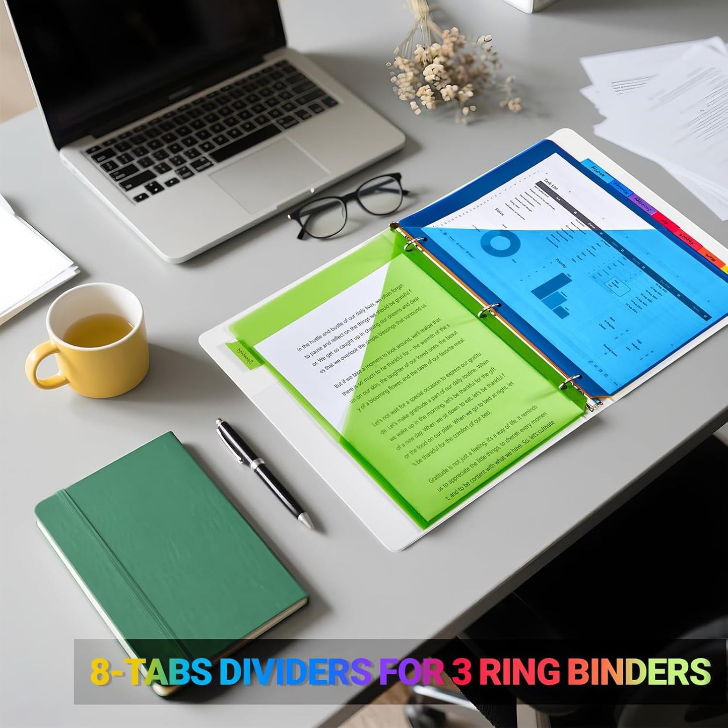 8-Tab Dividers for 3-Ring Binders, 16 Counts 3 Holes Index Dividers with 2 Pockets, Insertable 8 Tabs Binder Divider for 0.5''/1''/2''/3'' Inch Binders, 8 Colors