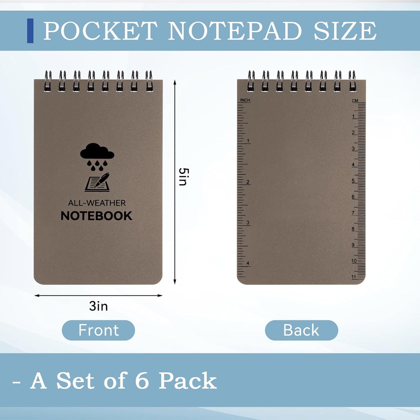 COIDEA 6 Pack Waterproof Notebook, 3 x 5 Pocket Notepad, Top-Spiral Weatherproof NotePad, All Weather Police Pocket Notebook Little Memo Steno Note Pads for Outdoor Office School Recording