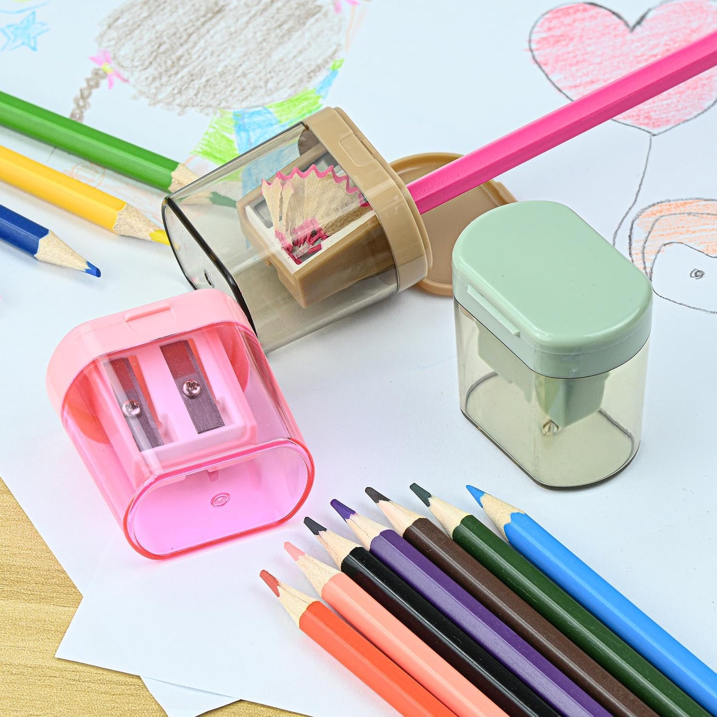 Colored Manual Pencil Sharpeners in Bulk, BOPART 24pcs Small Handheld Pencil Sharpener Dual Holes with Lid for Kids Adults at Classroom School Office Home (24Pcs Sharpeners - D)