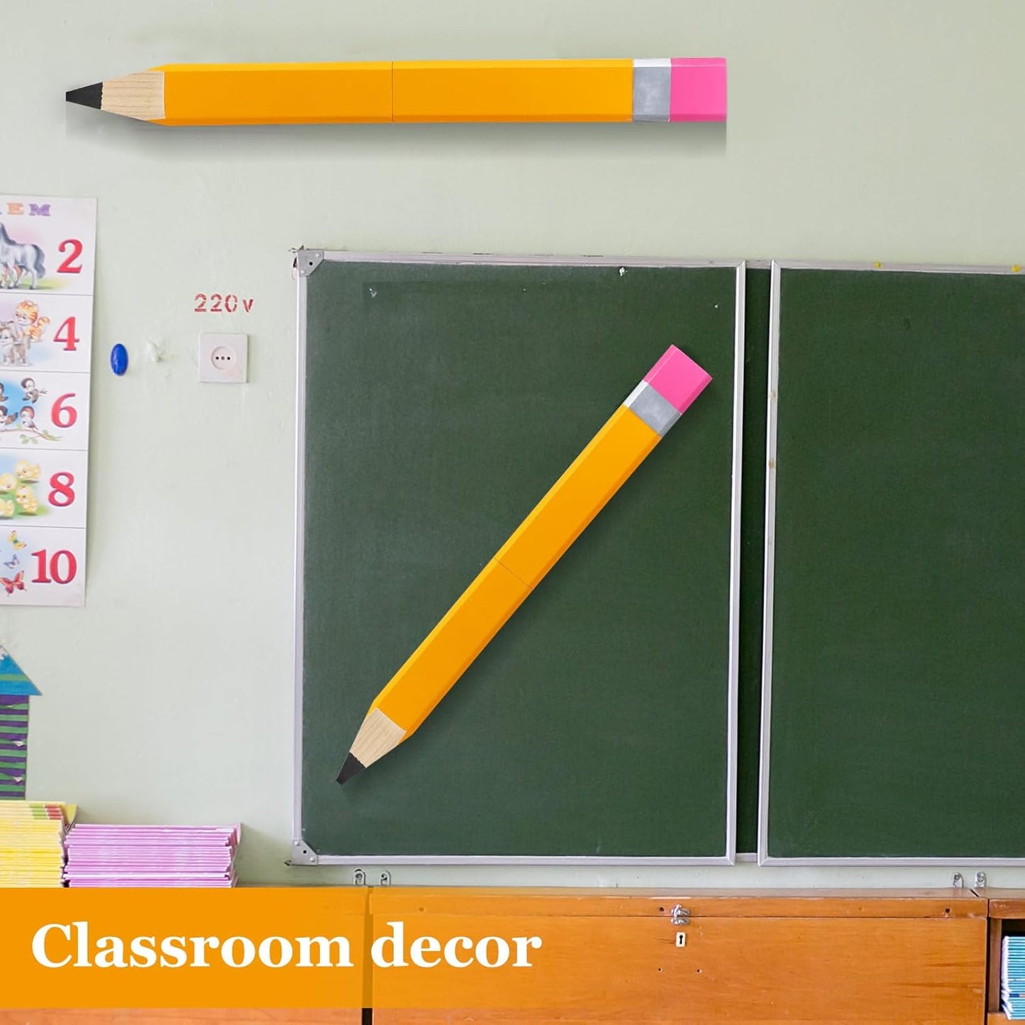 Yousoontic 31.5 Inch Giant Pencil Wall Art Wooden Jumbo Pencil Back to School Party Decoration Yellow Pen Props Preschool Kindergarten Graduation Classroom Decor for Home School Supplies
