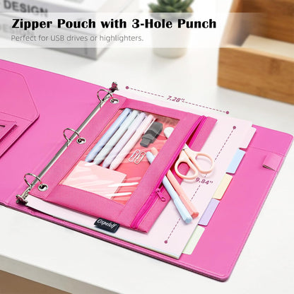 Ospelelf Glitter Leather Clipboard Binder 1 Inch, Magnetic Clipboard Folio Organizer with 5 Pocket Dividers & Zipper Pouch, Cute 3 Ring Document Organizer Binder for Office, Glitter Pink