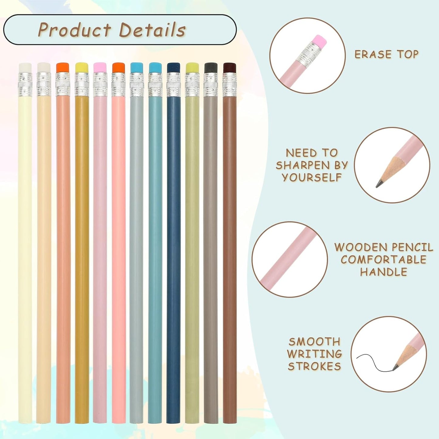 Whaline 48Pcs Colorful Pencils with Erasers Back to School Rainbow Color Wooden Pencil Unsharpened Writing Drawing Pencil for Students Graduation School Office Stationery Gift