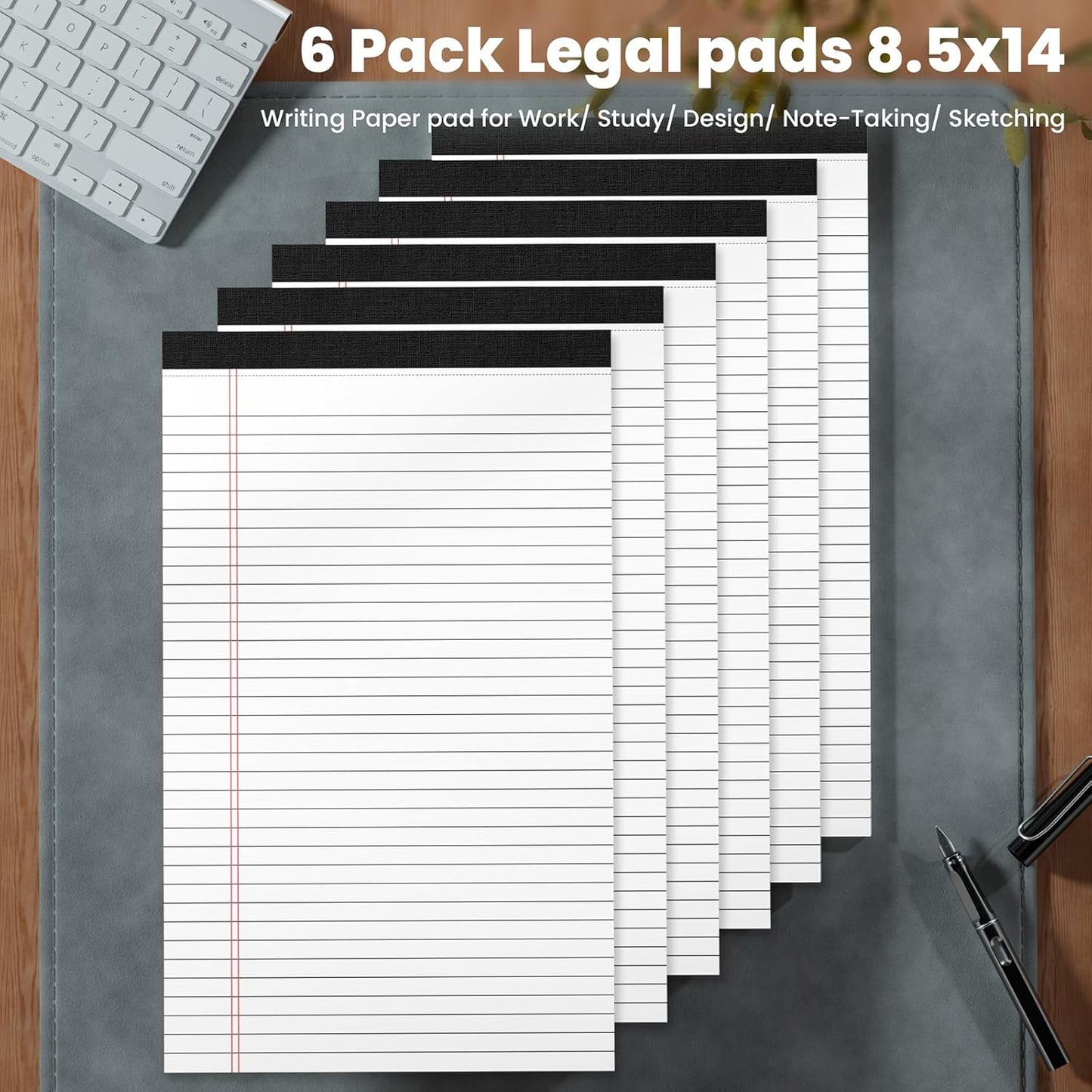 Legal Pads 8.5 x 14 Note Pads, 6 Pack Writing Pads Wide Ruled Notepads, Micro Perforated Notepad, Double-Side Printed Lined Paper Pads 30 Sheets per Notepad, White Legal Pads for Home, Office, School