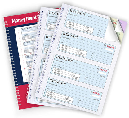 Zzrywuty Money and Rent Receipt Book with Cardboard Insert,2-Part Carbonless,5.3”x11.2” Spiral Bound,200 Sets per Book,4 Receipts per Page for Office Supplier,Rent and Cash Transaction