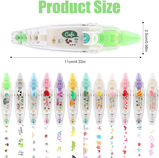 NQEUEPN 12pcs Decorative Tape Pen, Cute Animals Press Type Decorative Pen Tape Roller Pen DIY Creative Cartoon Correction Tape for Boy Girls Gift Teacher Class Rewards (12 Themes)