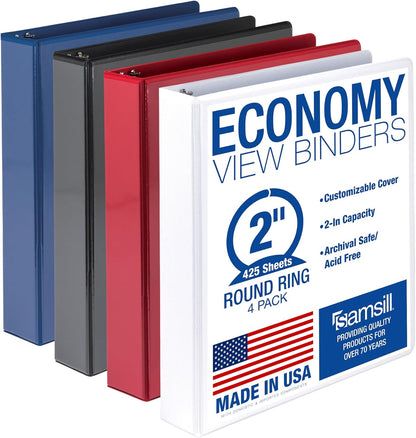 Samsill 1.5 Inch 3 Ring Binders, Economy Round Ring, Clear View Cover, 325 Sheet Capacity - for School, Home, Office - White, 4 Pack