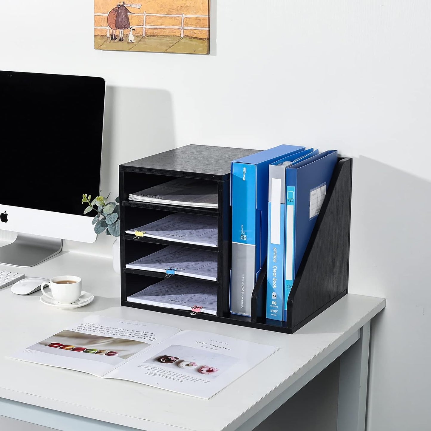 PAG Wood Desktop File Holder Organizer Mail Sorter for File Folders, Mails, Envelopes, Mailing Supplies or Magazines, Brown