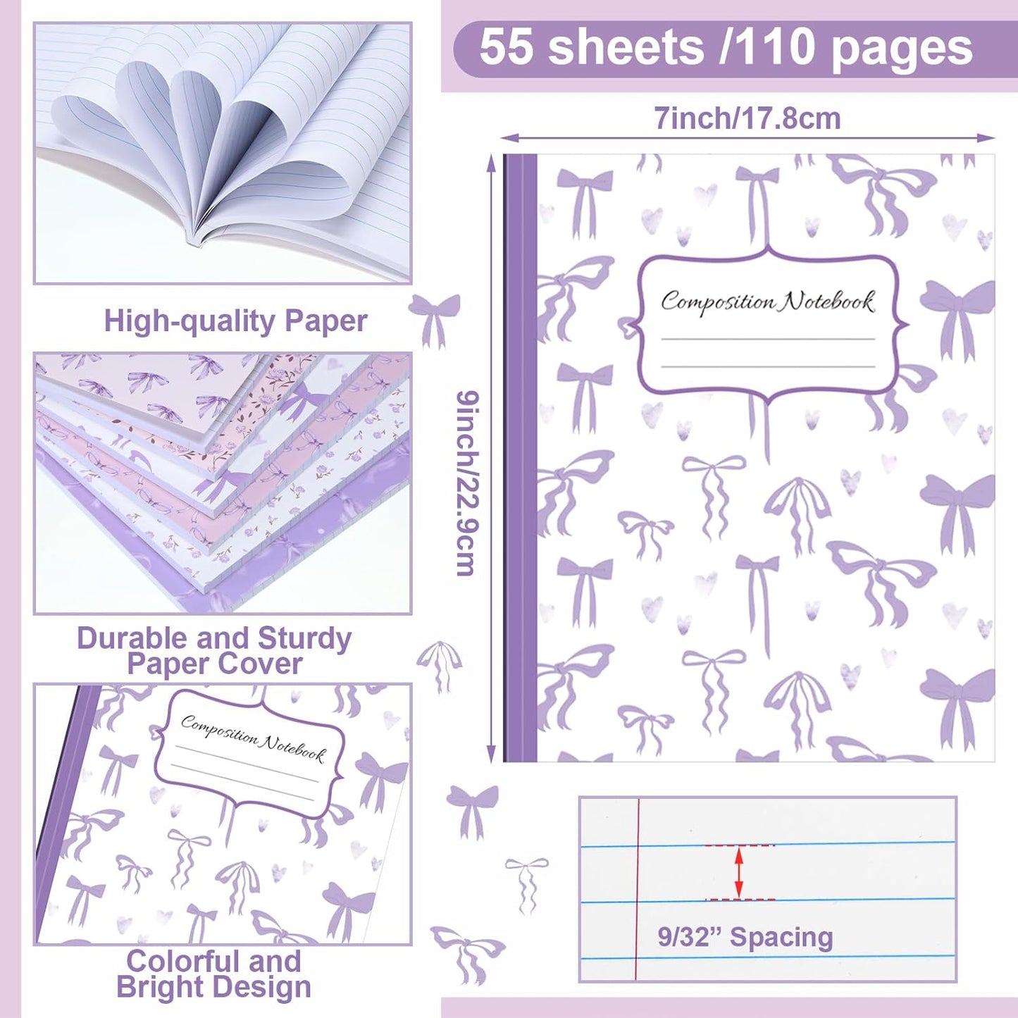 Fullhawl 6 Pcs Bow Composition Notebooks, Preppy Coquette Notebook College Ruled Journal, 110 Page, Cute Back to School Gift for Teacher, Student, First Day of Schooll(Pink,9-3/4 x 7-1/2")
