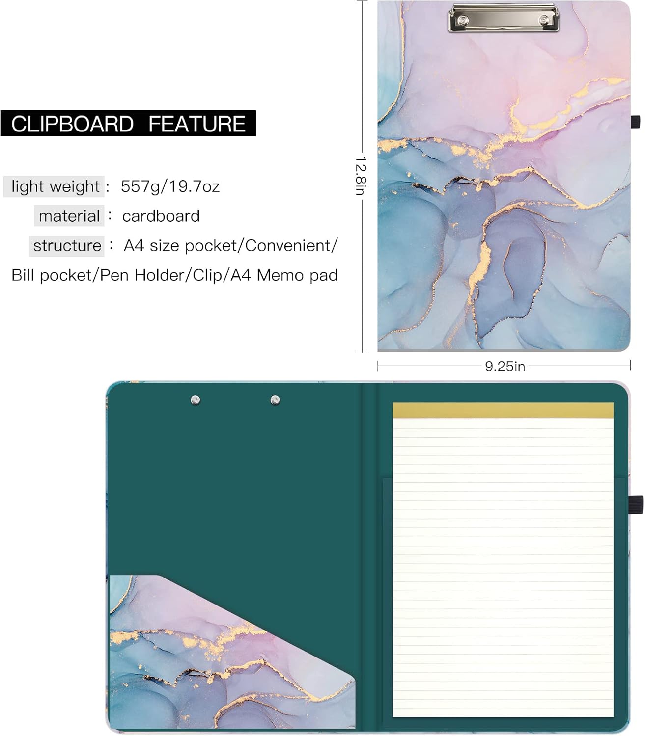 Hongri Clipboard Folio with Refillable Lined Notepad and Interior Storage Pocket for Students, Classroom, Office, Women, Man, Cute Custom Pattern, Size 12.8 x 9.2 in, Classic Flower