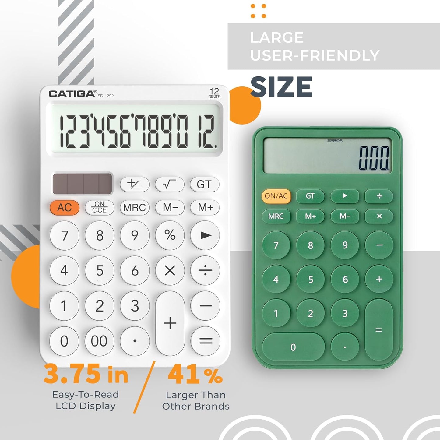 CATIGA 12 Digit Desktop Calculator Basic Desk Calculator with Large LCD Display, Big Buttons, 4 Function, Solar and Battery Dual Power, for Office, School, Home, SD-1292 Green