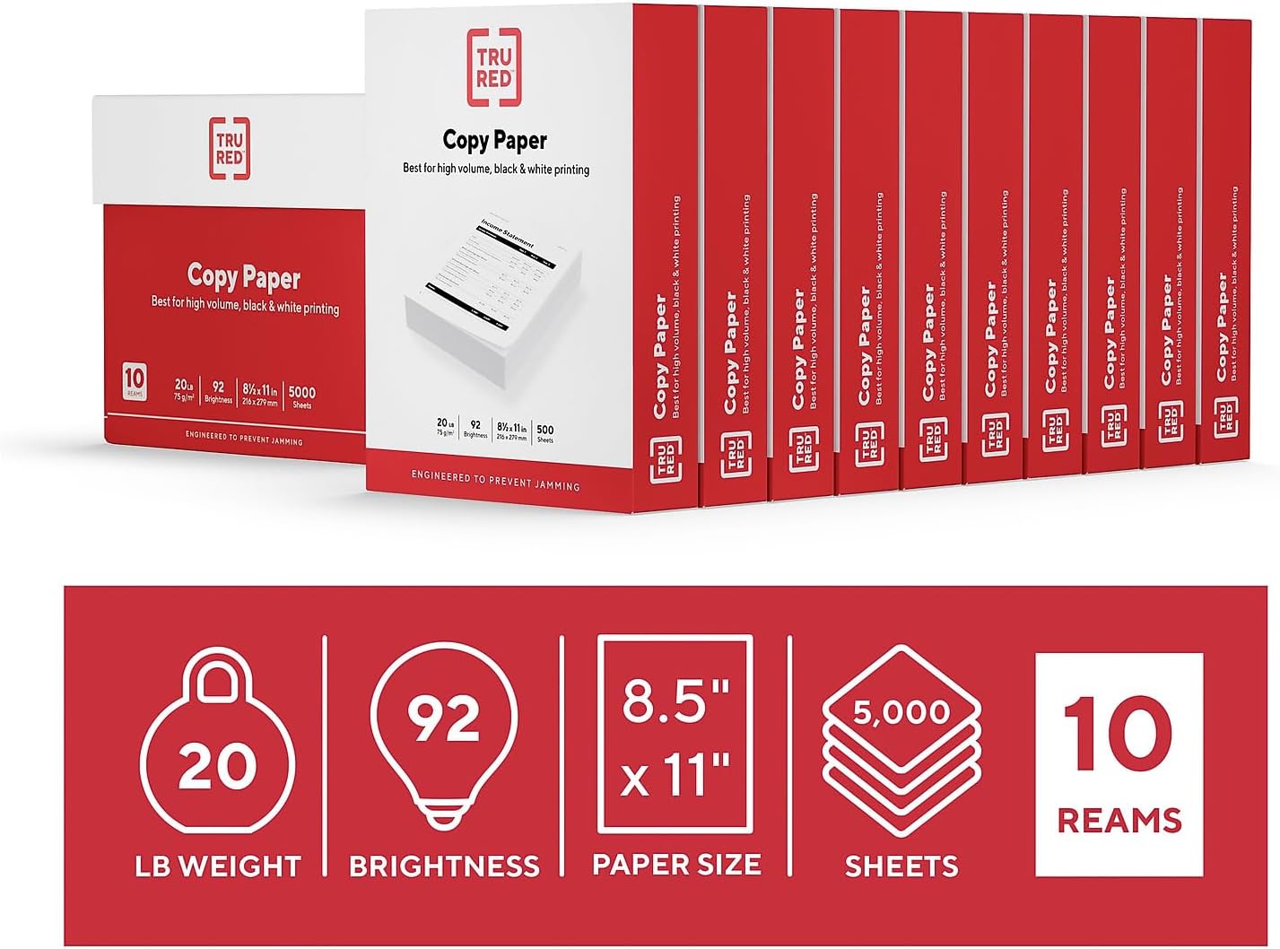 TRU RED 8.5x11 Copy Paper 20 lb. 92-Bright 5000 Sheets/Carton, For Office, School & Home