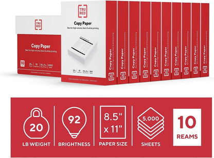 TRU RED 8.5x11 Copy Paper 20 lb. 92-Bright 5000 Sheets/Carton, For Office, School & Home