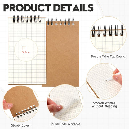 Jutom 2 Pcs Mini Pocket Notebooks Bulk 3x5 Graph Paper Top Spiral Notebook 120 Pages 80 Gsm Mini Grid Notepads Small Memo Pads for Home Classroom Office Business Work Supplies (Kraft)