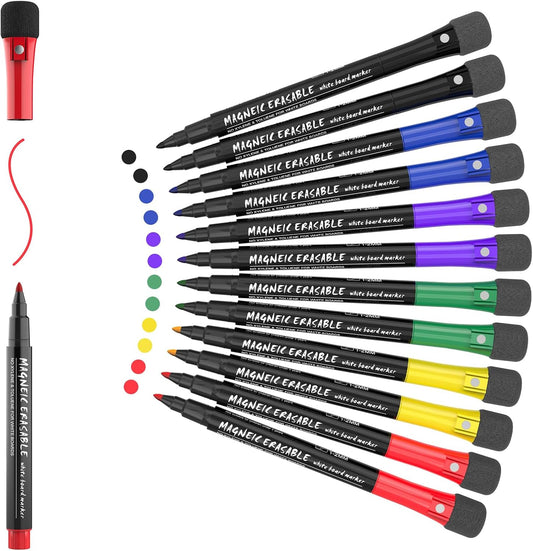 Magnetic Dry Erase Markers Fine: 12 Colors Erasable Whiteboard Markers Fine Point with Eraser Cap, Low Odor White Board Dry Erase Pens Fine Tip for Kids & Teachers, Home, Office and School Supplies
