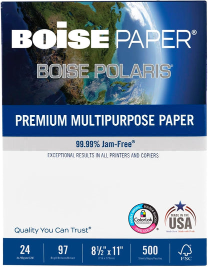 Boise Paper Premium Multipurpose Copy Paper | 8.5" x 11" Letter | 97 Bright White, 24 lb. | 10 Ream Carton (5,000 Sheets)