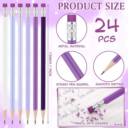 24 Pcs Round Pencils with Eraser 2 HB Cute Pencils Bulk for School Graphite Wood Color Unsharpened Pencil for Drawing Sketching Wedding School Teacher Supplies Student Reward