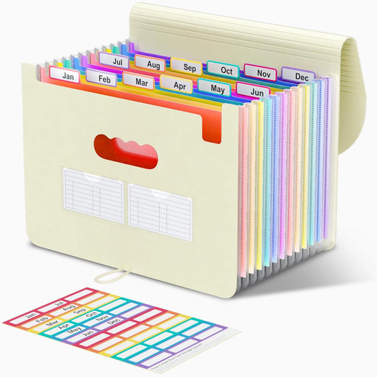 ThinkTex Accordion File Organizer, 12 - Pocket Expanding File Folders for Paper Receipts, Bills & Taxes Organizer, Letter/A4 Size Document Holder for School, Office, Home with Colorful tabs- Black