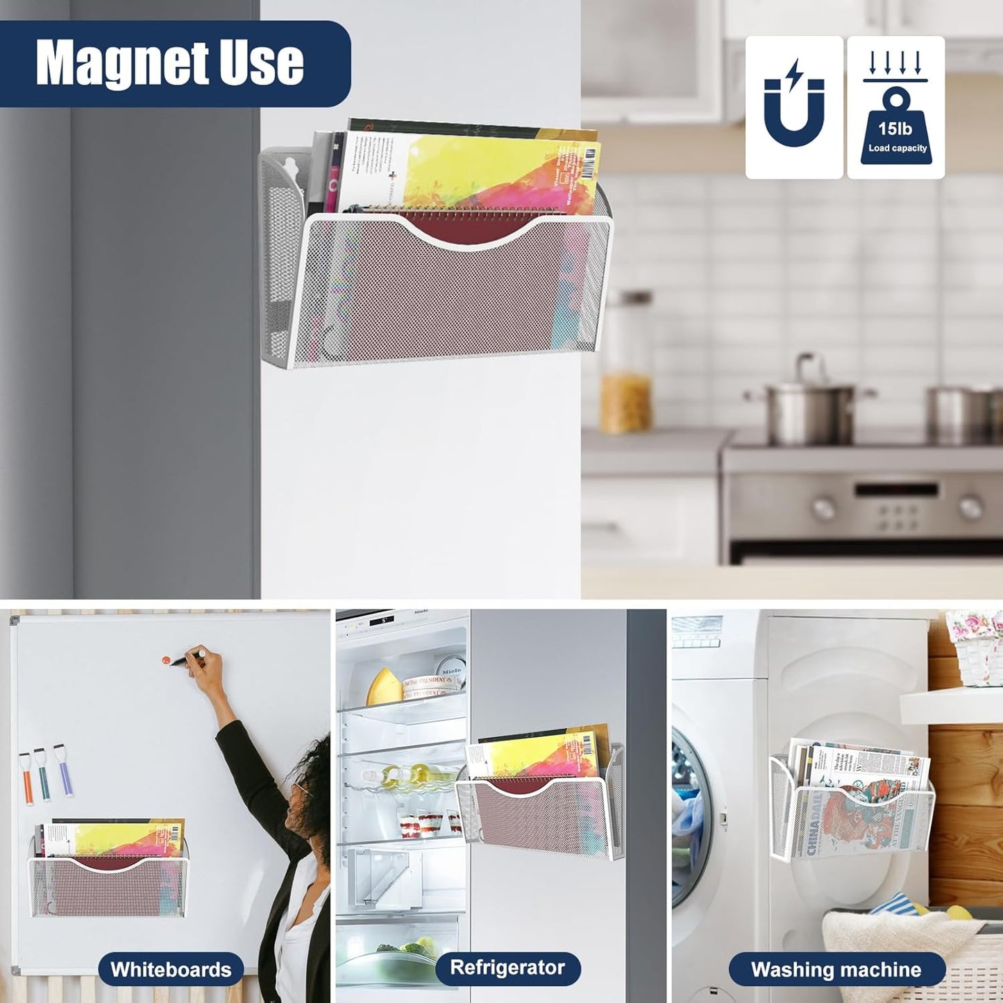 Magnetic File Holder 3 Pockets File Folder Organizer, Office Hanging Magazine Rack for File Cabinets, Magnetic Paper Holder, No Drilling Mail Organizer for Refrigerator, Whiteboard, Office, Kitchen