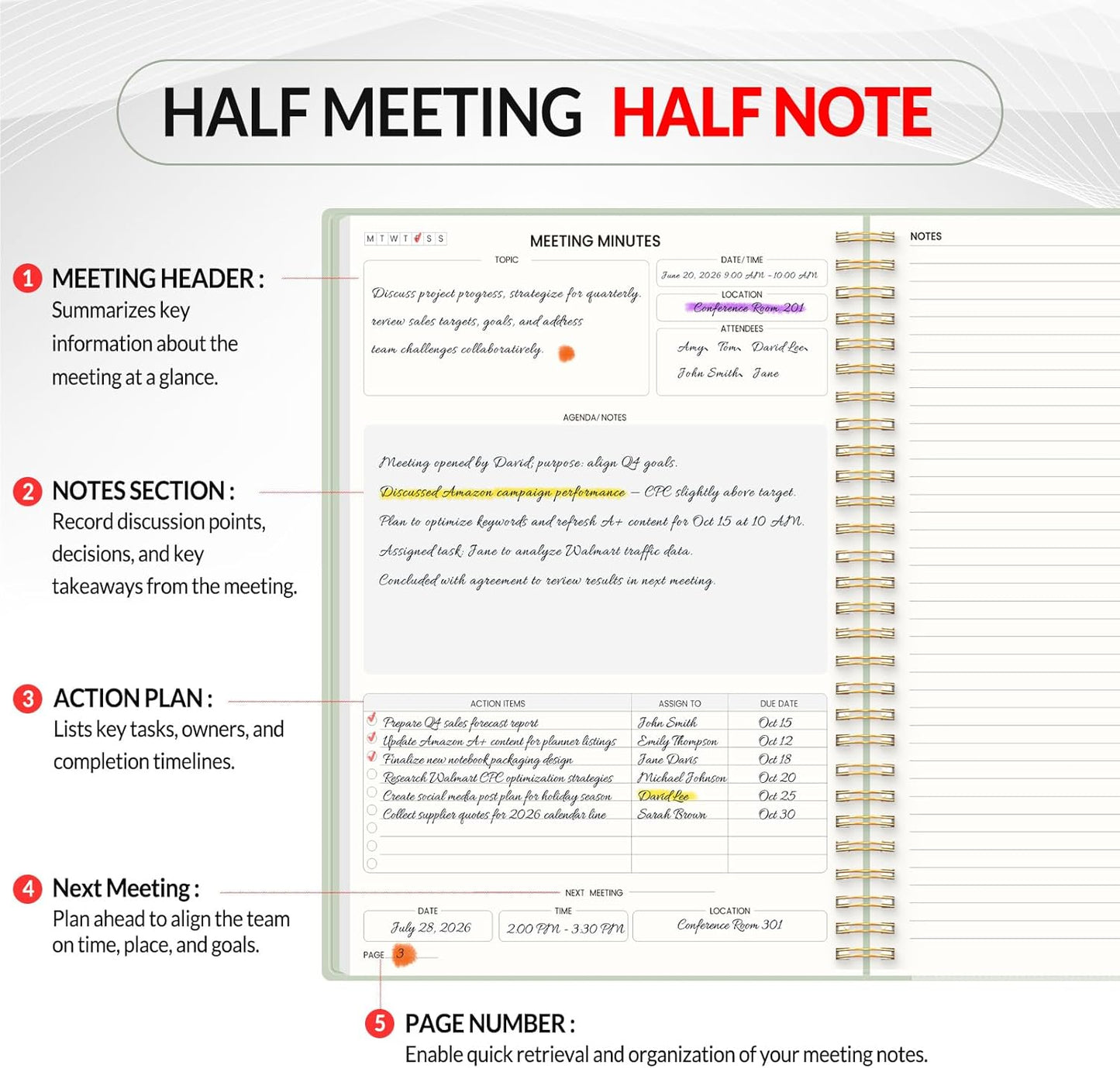 SUNEE Half Meeting Half Note 7"x10" Notebook for Work – 140 Pages, B5 Size Project Planner for Women&Men, Minutes Organizer for Meeting Notes, Ideas for Office/Business, PVC Waterproof Cover, Black