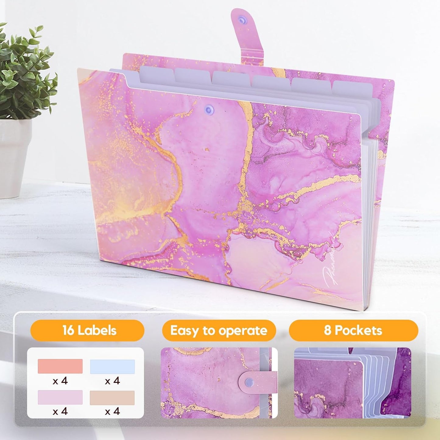 Expanding File Folder, Aesthetic Folders for School, Accordion File Organizer, Aesthetic Folder with Labels,5 Pockets Important Document Folders for School Office Home(Cyan Gold)