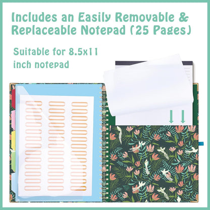 HAUTOCO Clipboard Folio with Refillable Notepad for Letter Size (11" x 8.5"), 5 Dividers with 10 Pockets, Elastic Pen Holder and File Folder Labels, Spiral Nurse Clipboard Artboard(Green)