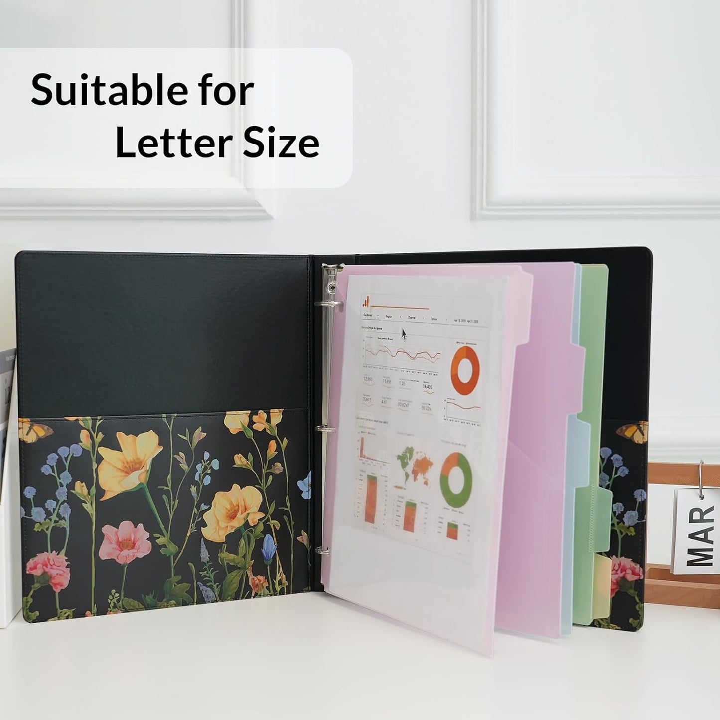 SKYDUE 1 Inch 3-Ring Binder with Clipboard, PU Aesthetic Binder with 5 Dividers, Notepad, Stickers & Pockets for Work and School (Letter Size)