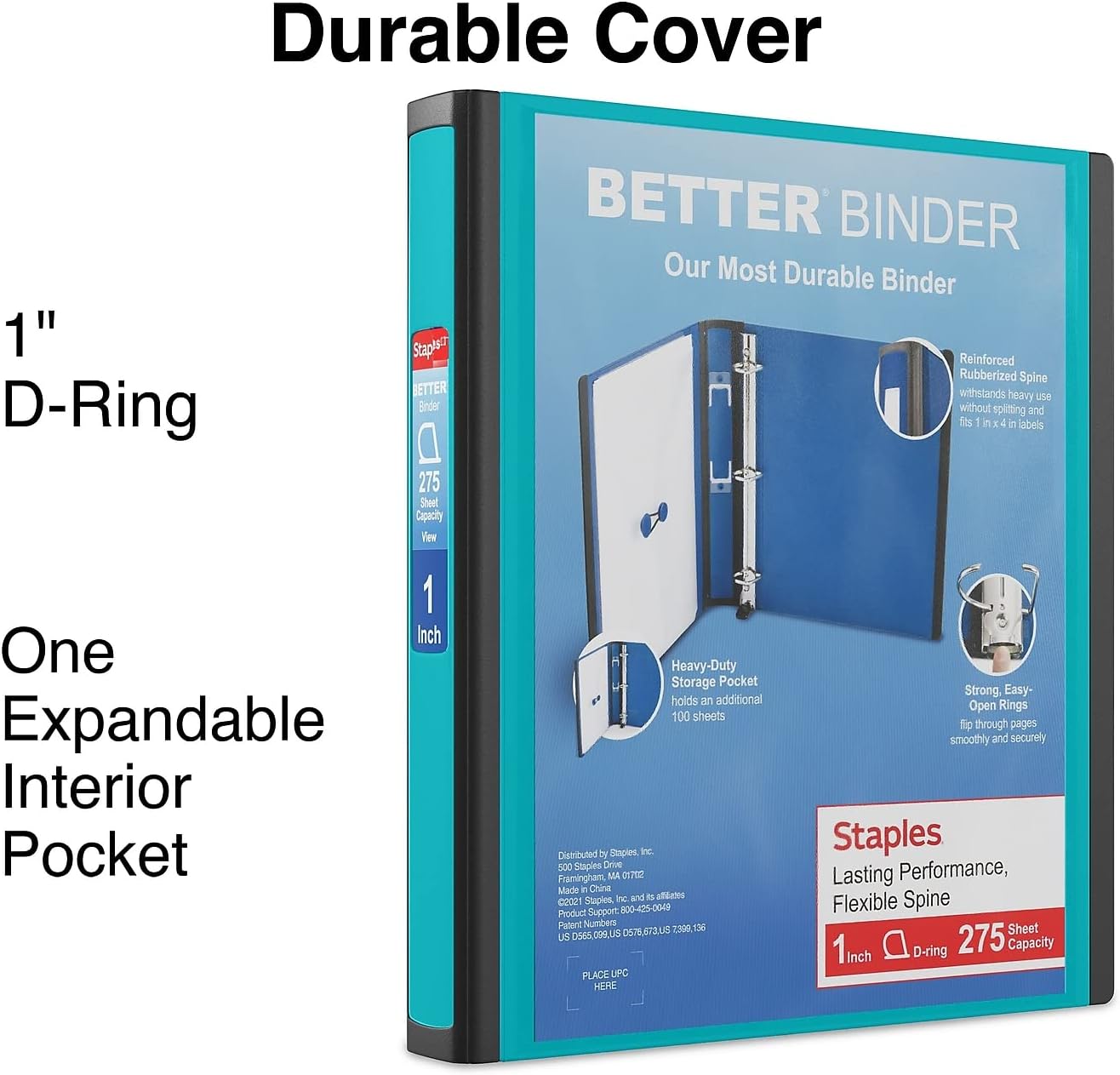 Staples Better Binder 2-Inch D-Ring View Binder, Reinforced Spine, Holds Up to 540 Sheets, Teal, for Office & School