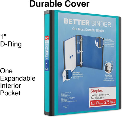 Staples Better Binder 2-Inch D-Ring View Binder, Reinforced Spine, Holds Up to 540 Sheets, Teal, for Office & School