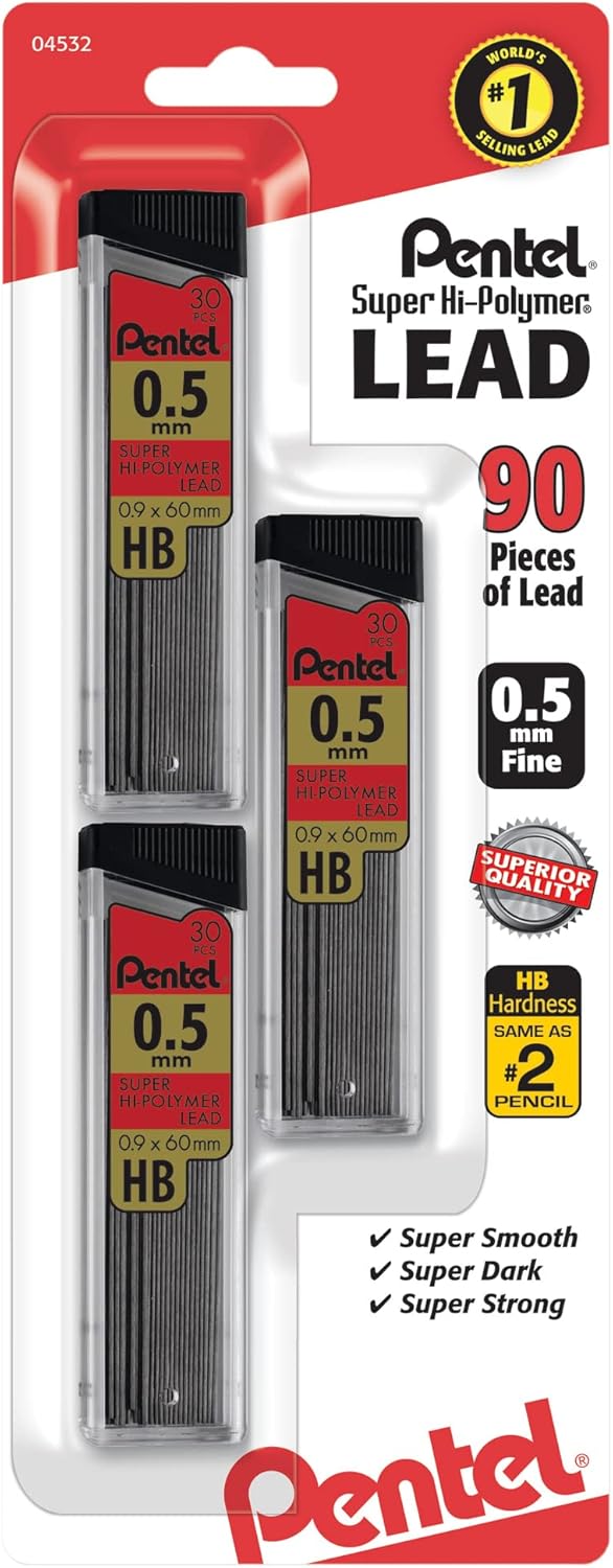 Pentel C27BPHB3K6 Super Hi-Polymer Lead Refills, 0.7mm, HB, Black, 30 per Tube (Pack of 3 Tubes)