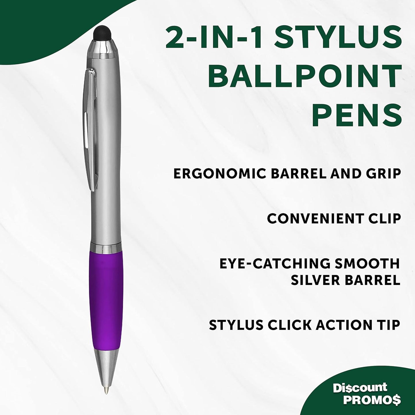 DISCOUNT PROMOS Custom Stylus Ballpoint Pens Set of 10/50/100, Personalized Bulk Pack - Black Ink, Great for Office, School, Business, Tradeshows, Events - Purple