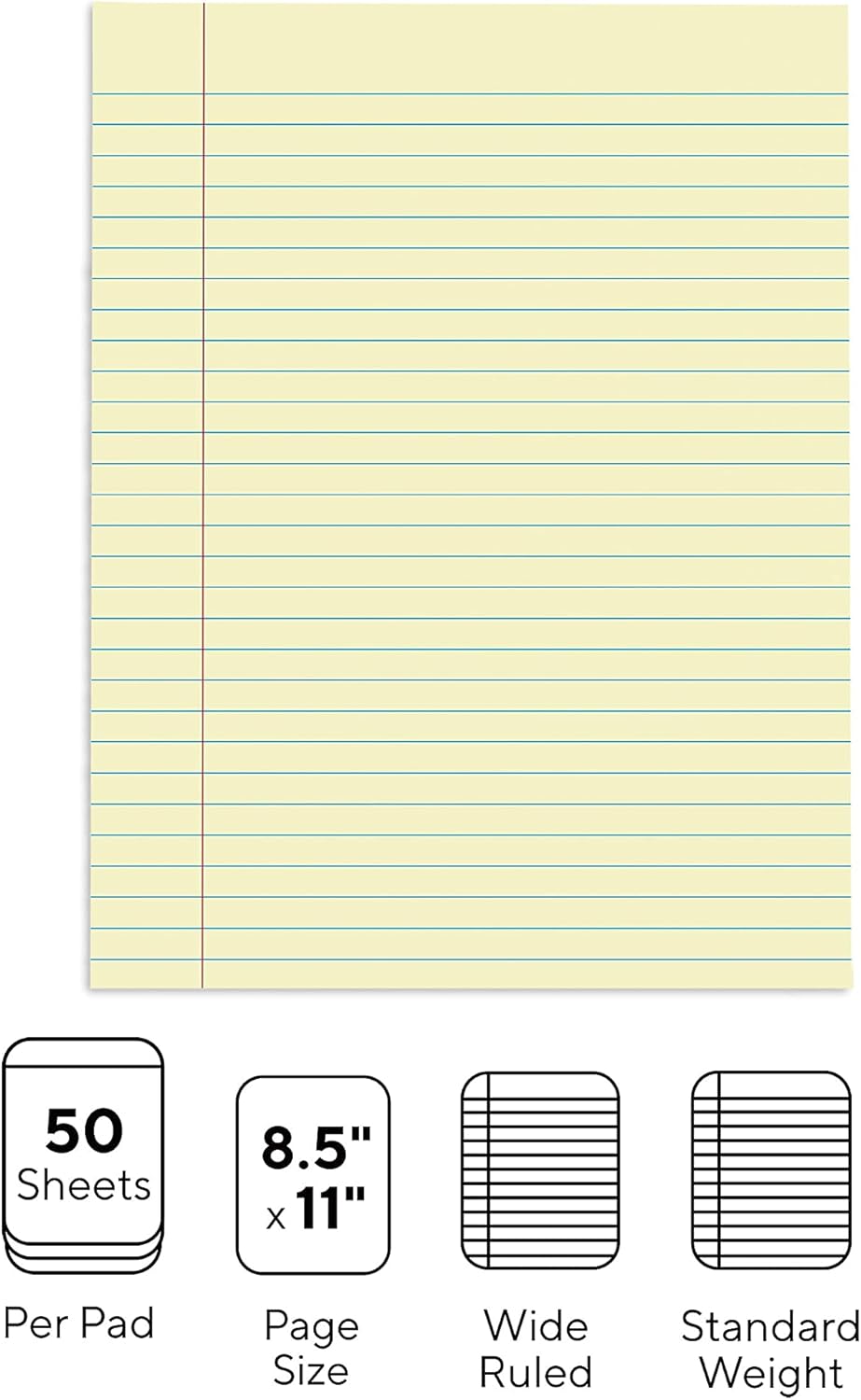 STAPLES Glue‑Top Notepad, 8.5” x 11”, Wide Ruled, Canary, 12‑Pack